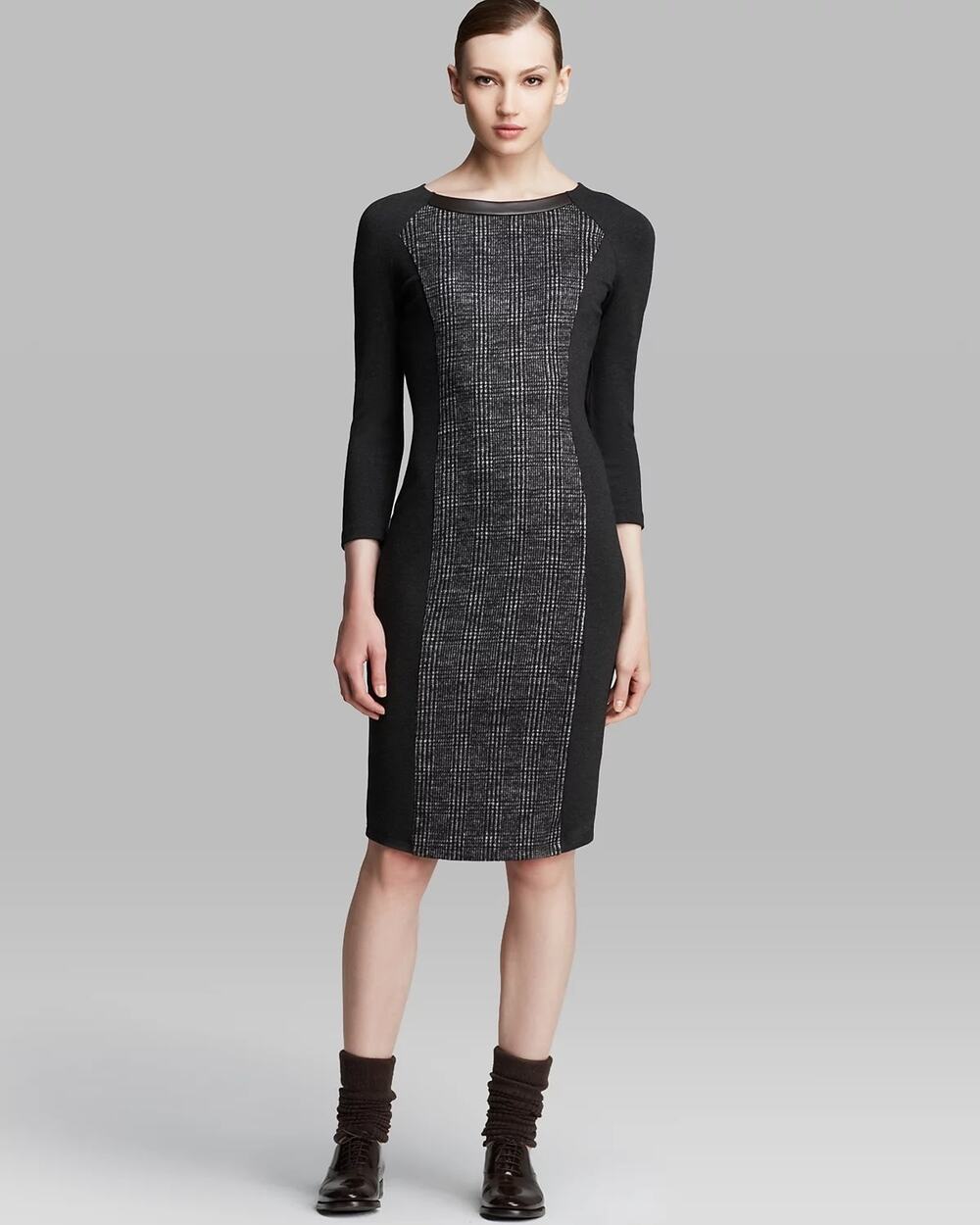 Max Mara Weekend Romina Wool Jersey Dress Houndstooth Long Sleeve Gray, Medium